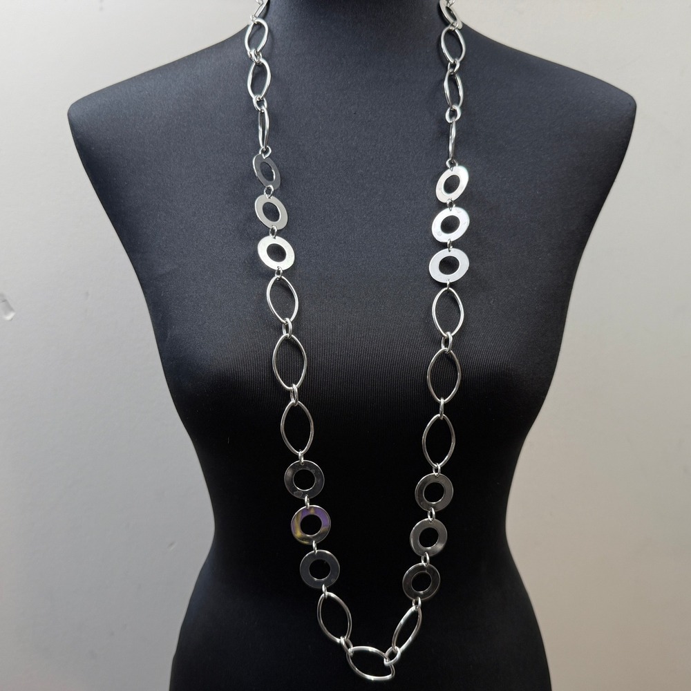 Lia Sophia Silver Tone Long Statement Necklace Circle Oval Link Chain Jewelry
